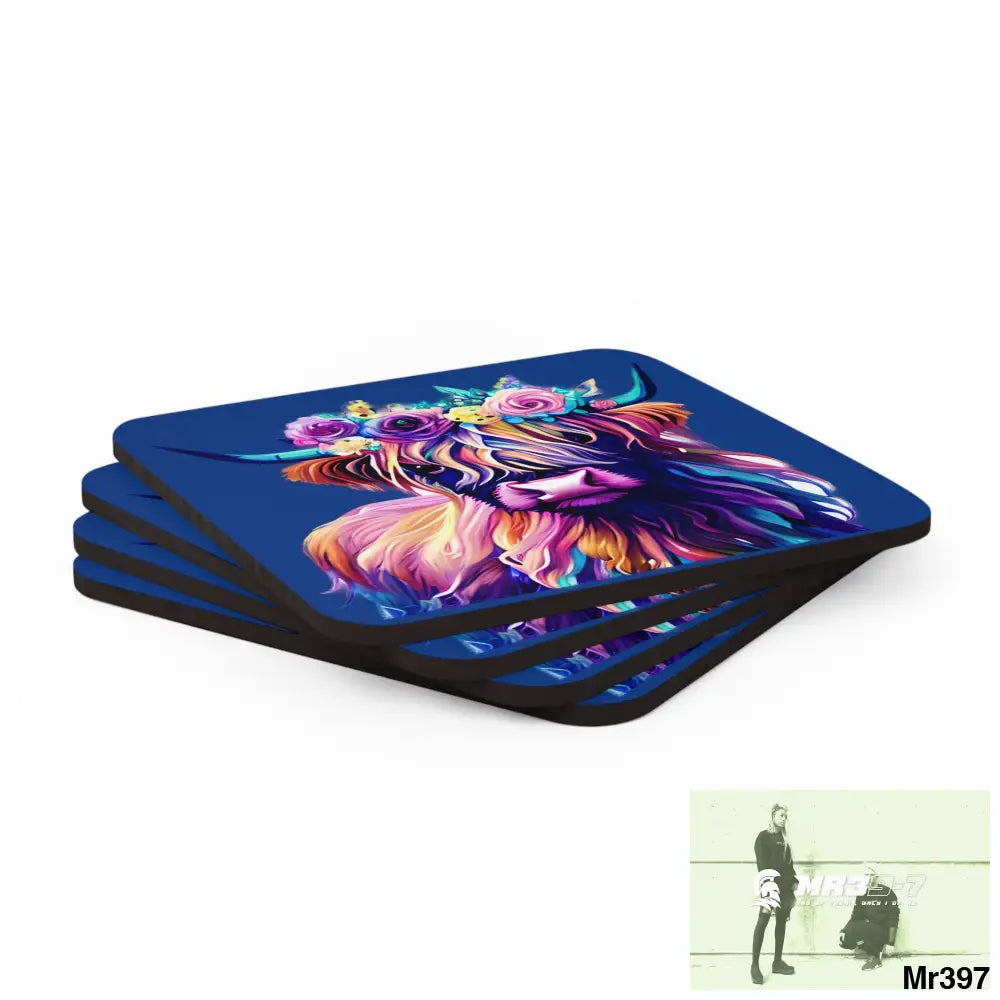 Baby Highland Cow with a Flower crown Corkwood Coaster Set Cork / 3.75’’ × 3.75’’ / Square Home Decor