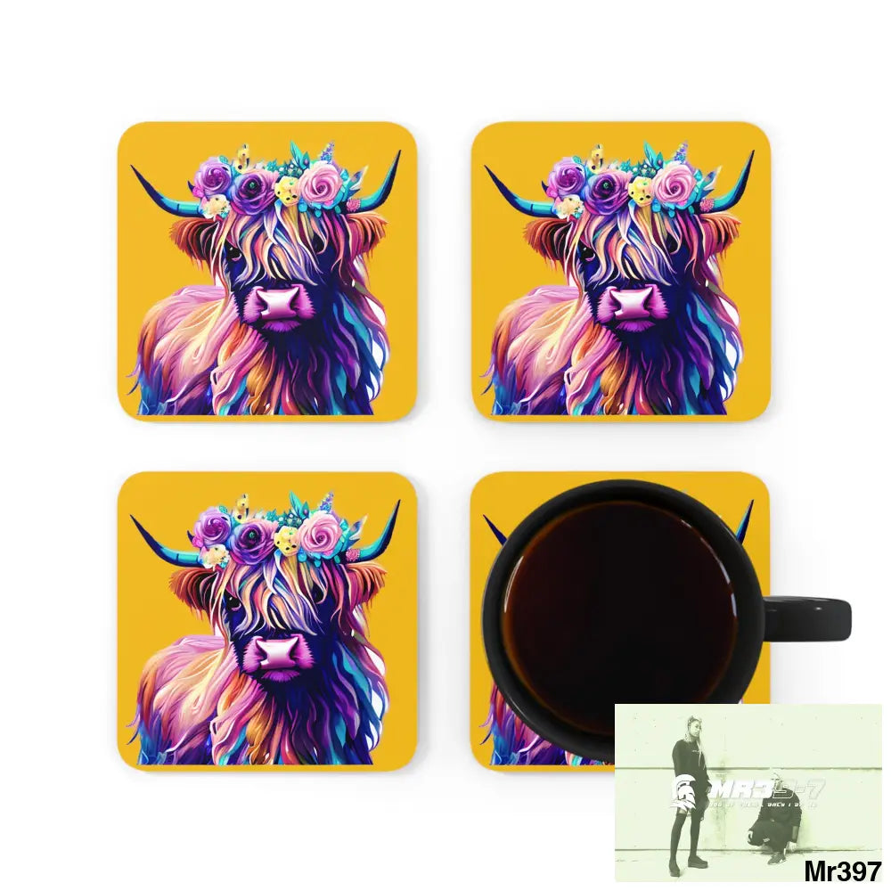 Baby Highland Cow with a Flower crown Corkwood Coaster Set Cork / 3.75’’ × 3.75’’ / Square Home Decor