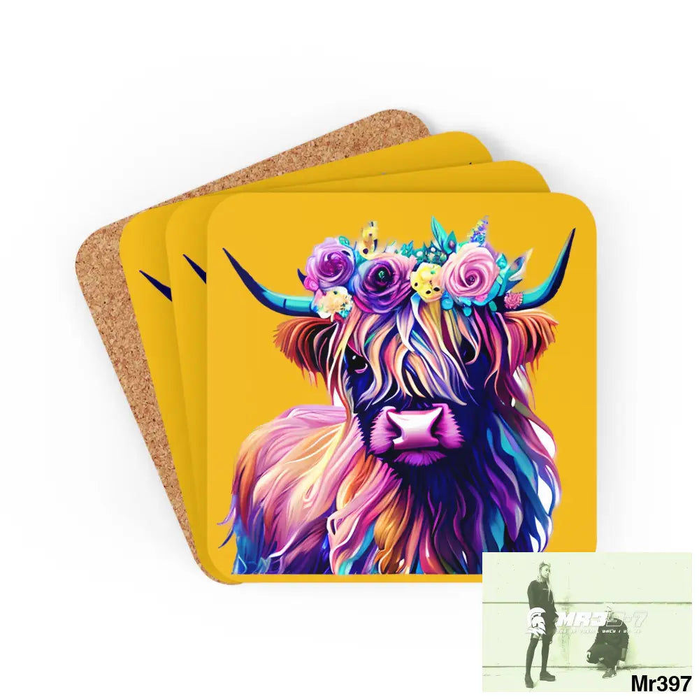 Baby Highland Cow with a Flower crown Corkwood Coaster Set Cork / 3.75’’ × 3.75’’ / Square Home Decor