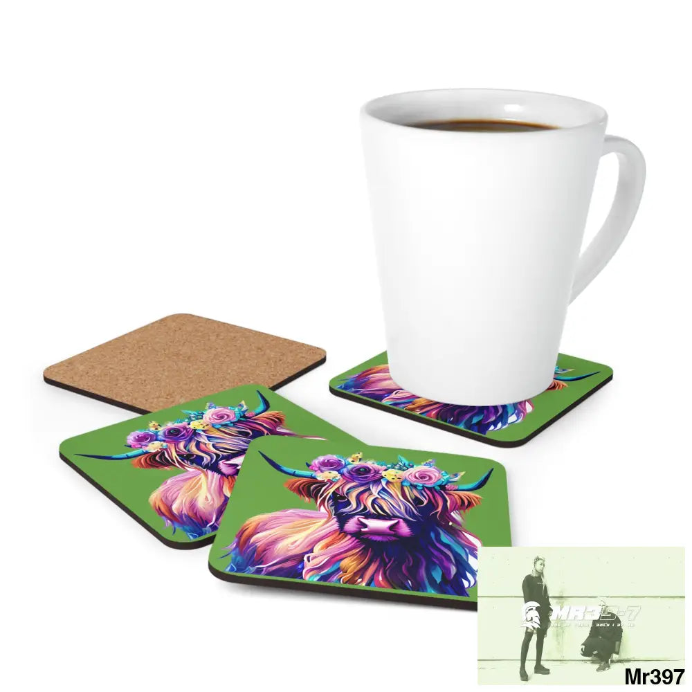 Baby Highland Cow with a Flower crown Corkwood Coaster Set Cork / 3.75’’ × 3.75’’ / Square Home Decor