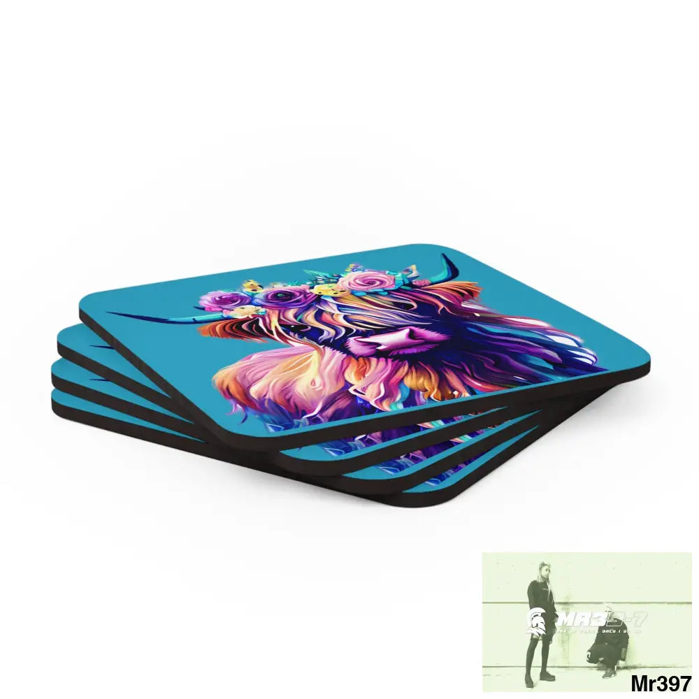 Baby Highland Cow with a Flower crown Corkwood Coaster Set Cork / 3.75’’ × 3.75’’ / Square Home Decor
