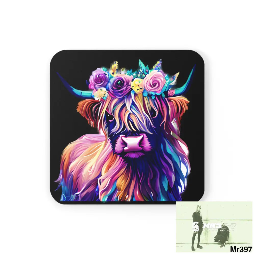 Baby Highland Cow with a Flower crown Corkwood Coaster Set Cork / 3.75’’ × 3.75’’ / Square Home Decor