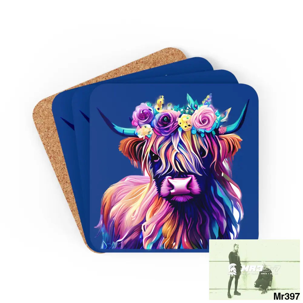 Baby Highland Cow with a Flower crown Corkwood Coaster Set Cork / 3.75’’ × 3.75’’ / Square Home Decor