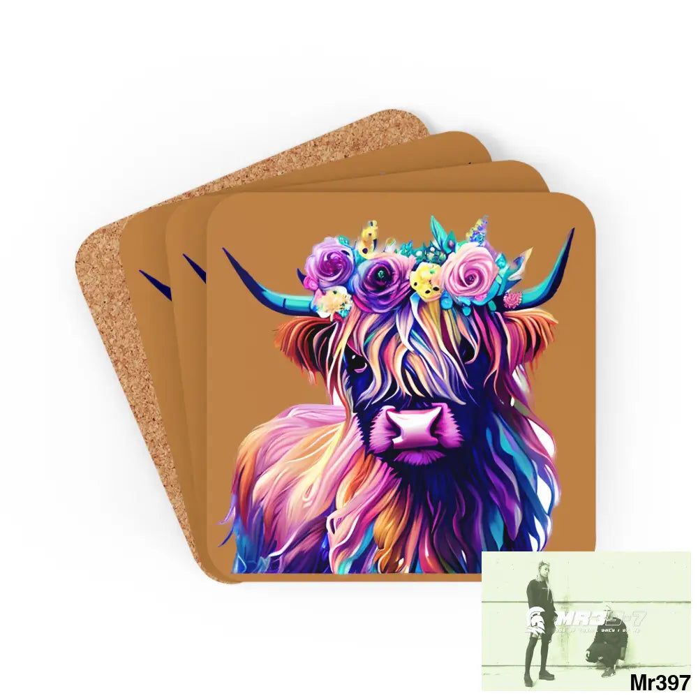 Baby Highland Cow with a Flower crown Corkwood Coaster Set Cork / 3.75’’ × 3.75’’ / Square Home Decor