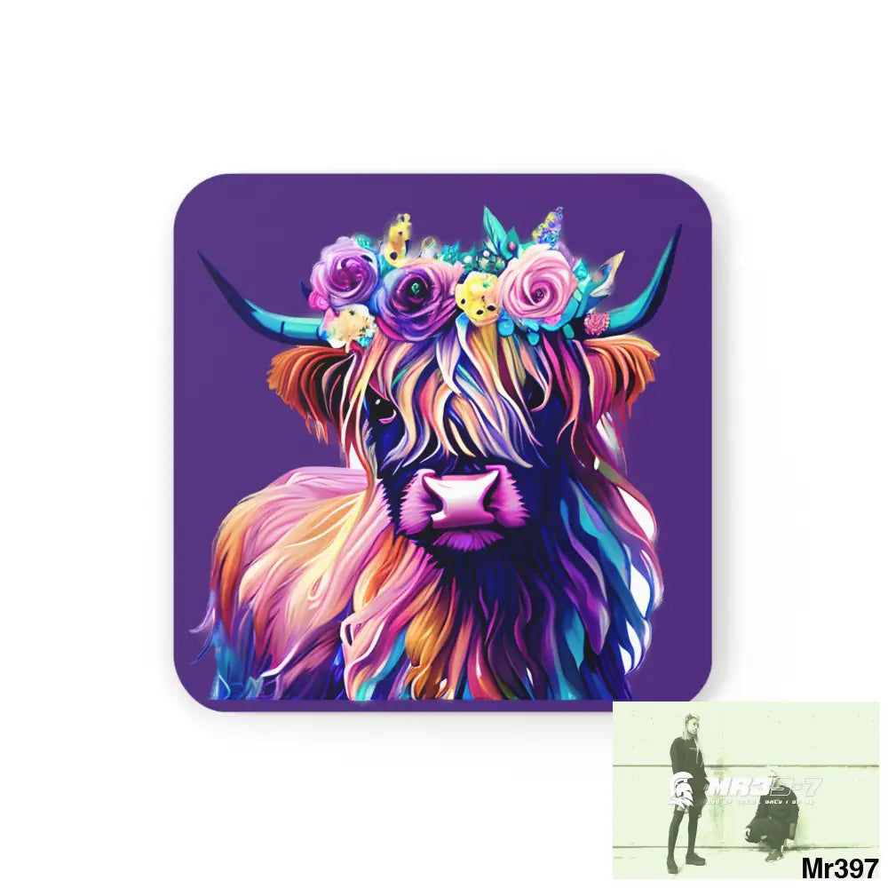 Baby Highland Cow with a Flower crown Corkwood Coaster Set Cork / 3.75’’ × 3.75’’ / Square Home Decor