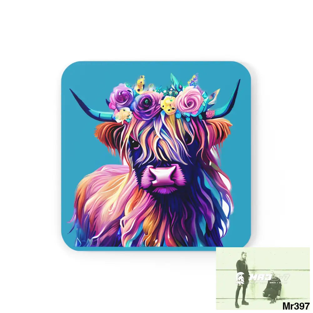 Baby Highland Cow with a Flower crown Corkwood Coaster Set Cork / 3.75’’ × 3.75’’ / Square Home Decor