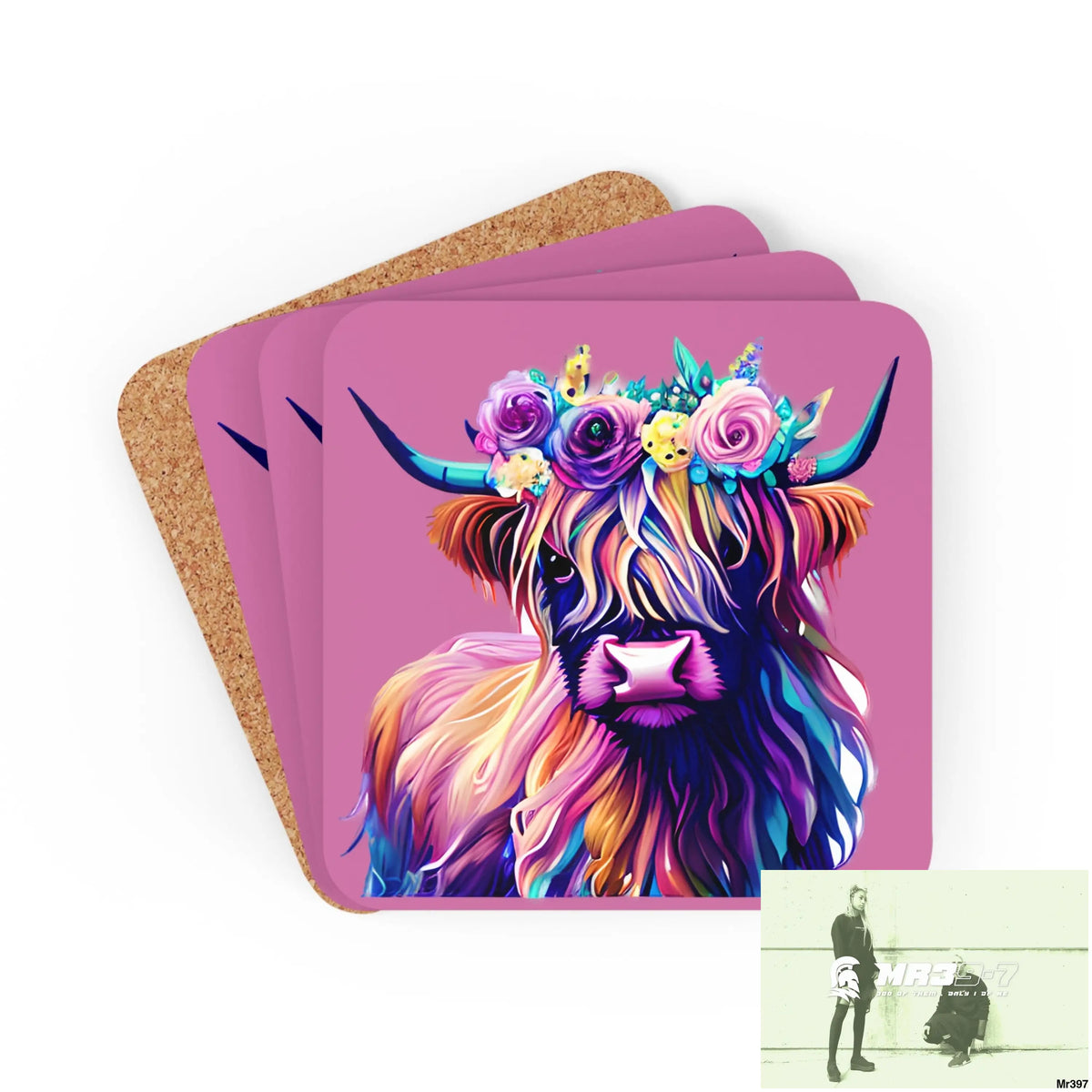 Baby Highland Cow with a Flower crown Corkwood Coaster Set Cork / 3.75’’ × 3.75’’ / Square Home Decor