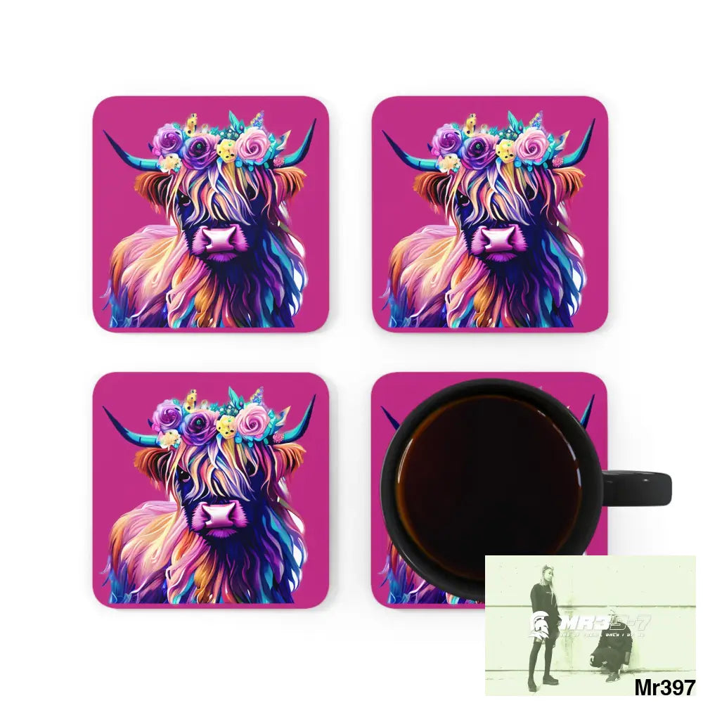 Baby Highland Cow with a Flower crown Corkwood Coaster Set Cork / 3.75’’ × 3.75’’ / Square Home Decor