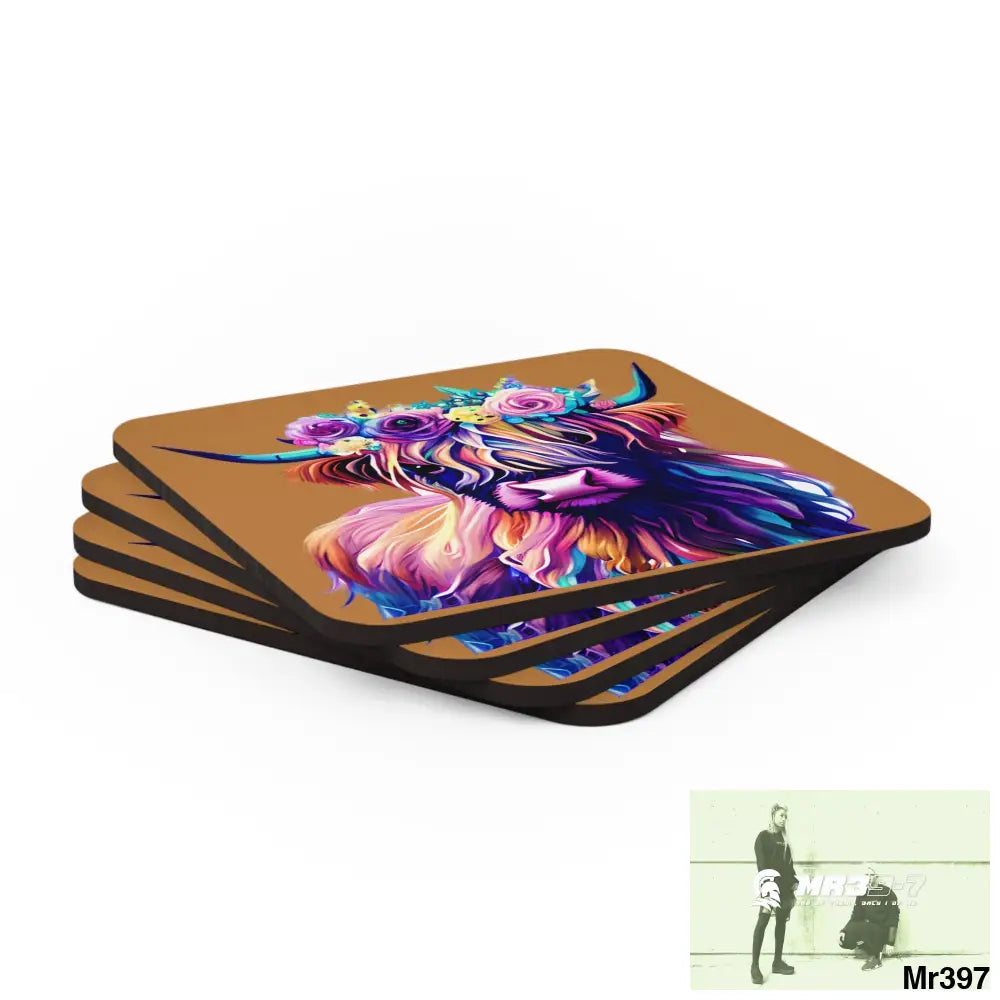 Baby Highland Cow with a Flower crown Corkwood Coaster Set Cork / 3.75’’ × 3.75’’ / Square Home Decor