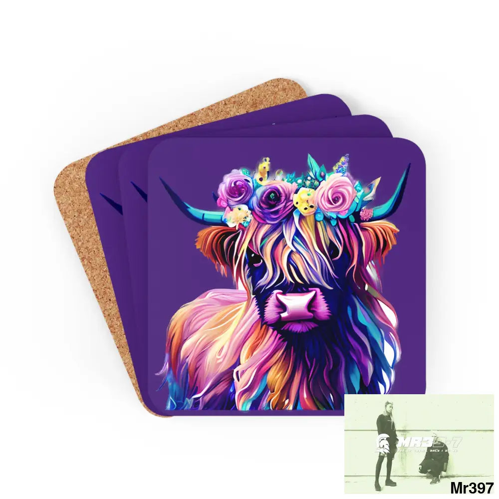 Baby Highland Cow with a Flower crown Corkwood Coaster Set Cork / 3.75’’ × 3.75’’ / Square Home Decor