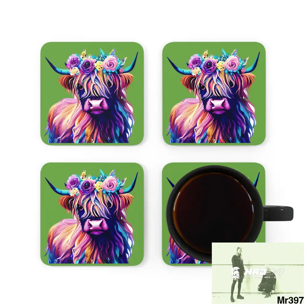 Baby Highland Cow with a Flower crown Corkwood Coaster Set Cork / 3.75’’ × 3.75’’ / Square Home Decor