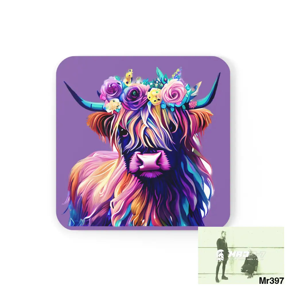 Baby Highland Cow with a Flower crown Corkwood Coaster Set Cork / 3.75’’ × 3.75’’ / Square Home Decor