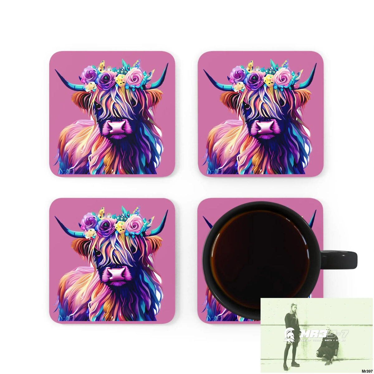 Baby Highland Cow with a Flower crown Corkwood Coaster Set Cork / 3.75’’ × 3.75’’ / Square Home Decor