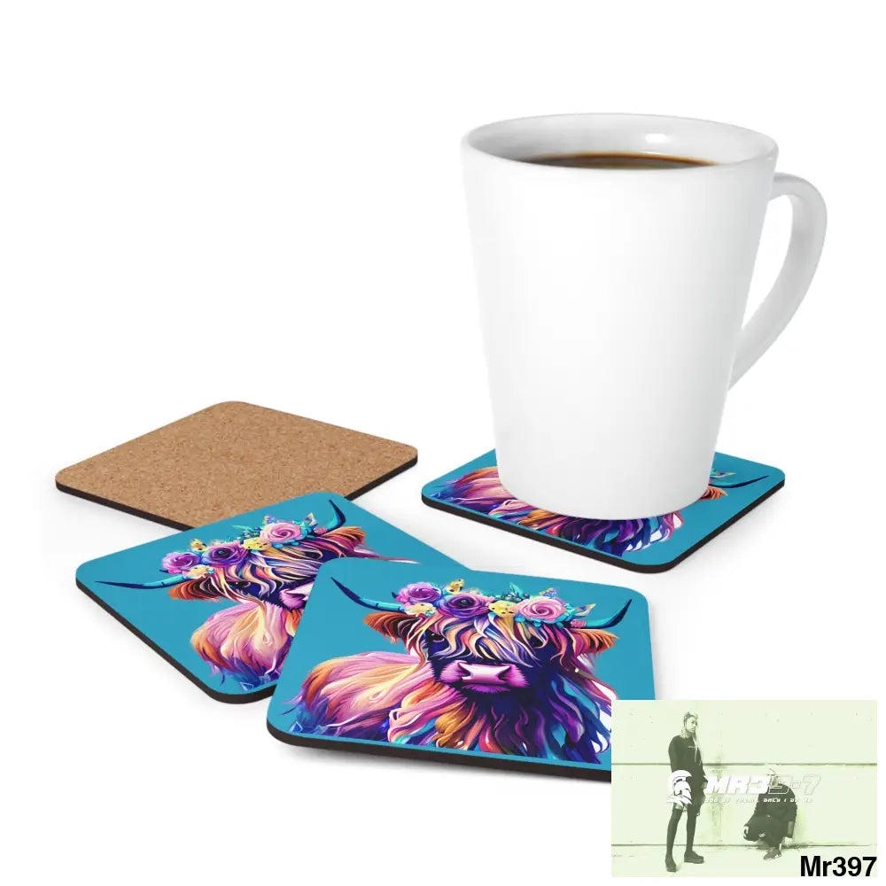 Baby Highland Cow with a Flower crown Corkwood Coaster Set Cork / 3.75’’ × 3.75’’ / Square Home Decor