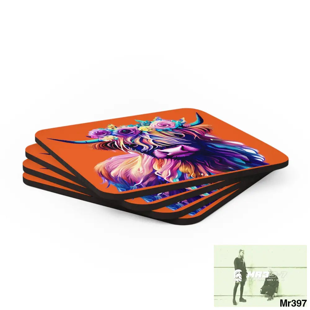 Baby Highland Cow with a Flower crown Corkwood Coaster Set Cork / 3.75’’ × 3.75’’ / Square Home Decor