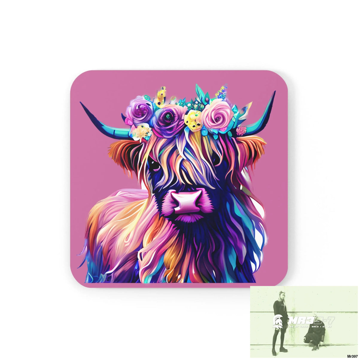 Baby Highland Cow with a Flower crown Corkwood Coaster Set Cork / 3.75’’ × 3.75’’ / Square Home Decor