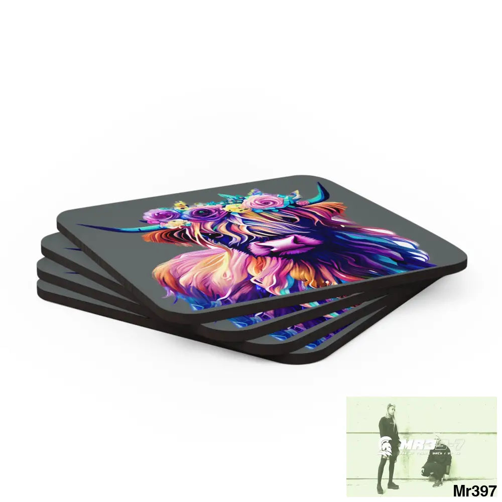 Baby Highland Cow with a Flower crown Corkwood Coaster Set Cork / 3.75’’ × 3.75’’ / Square Home Decor