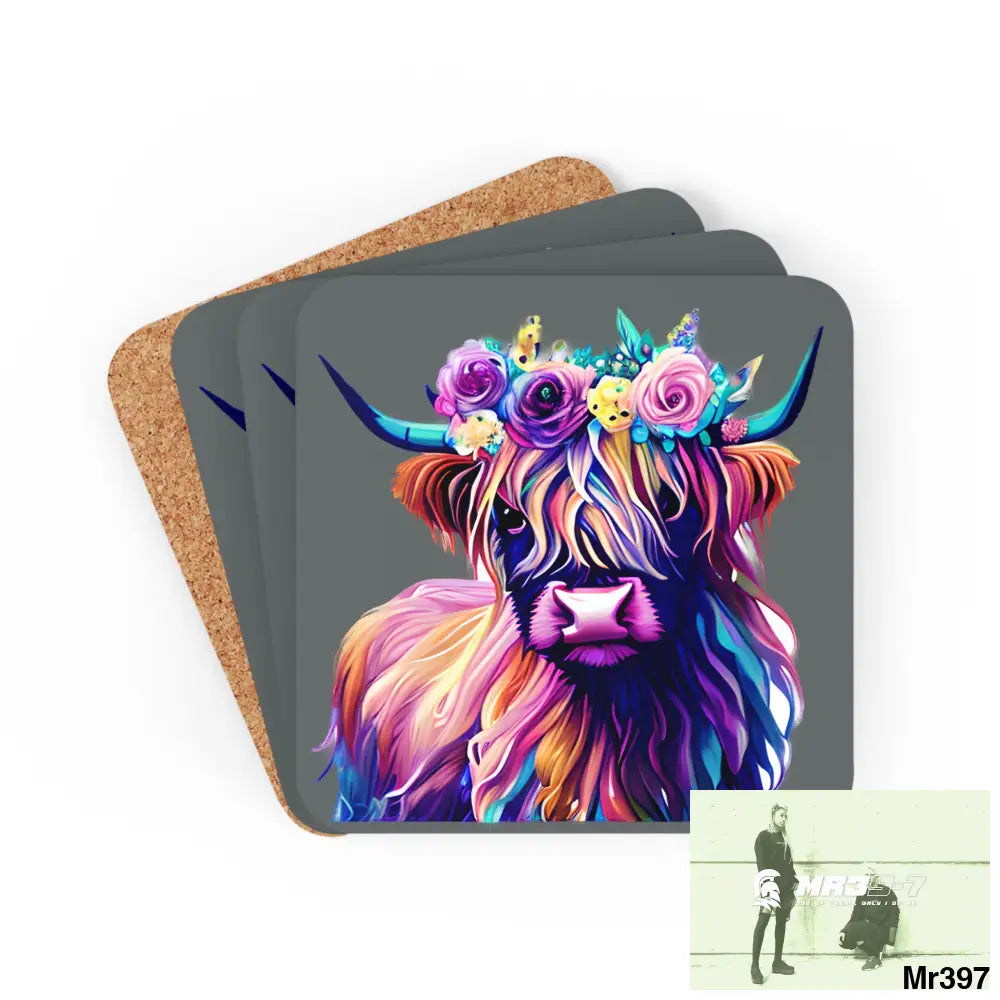 Baby Highland Cow with a Flower crown Corkwood Coaster Set Cork / 3.75’’ × 3.75’’ / Square Home Decor