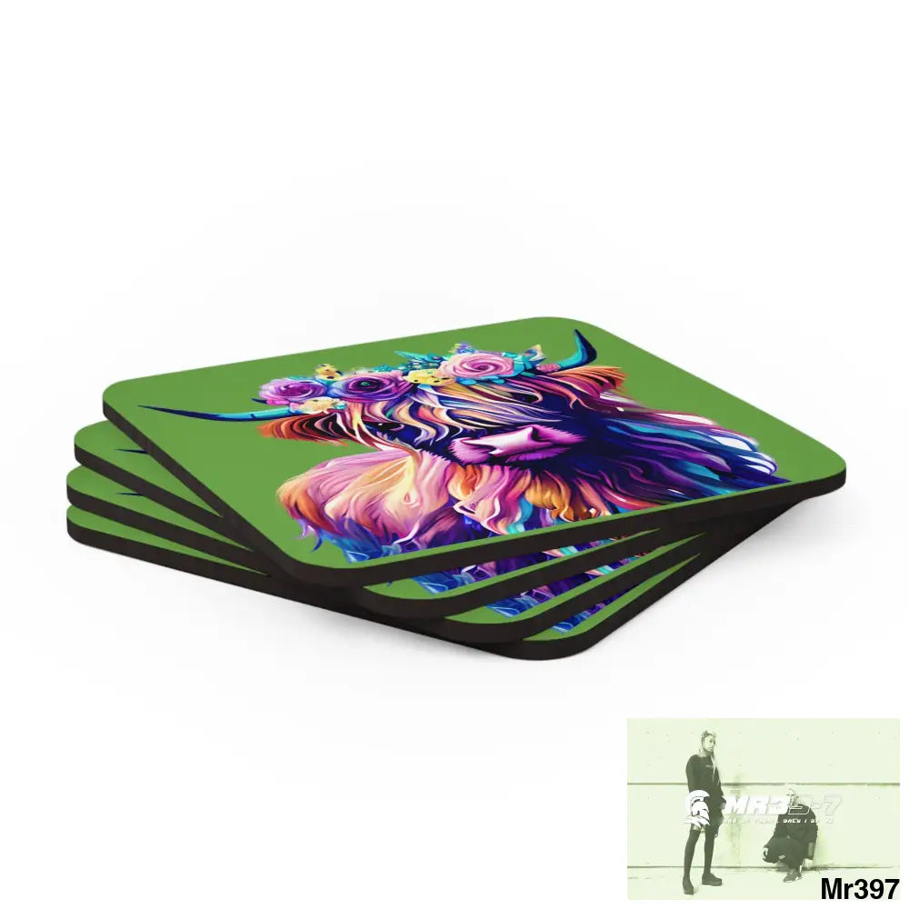 Baby Highland Cow with a Flower crown Corkwood Coaster Set Cork / 3.75’’ × 3.75’’ / Square Home Decor