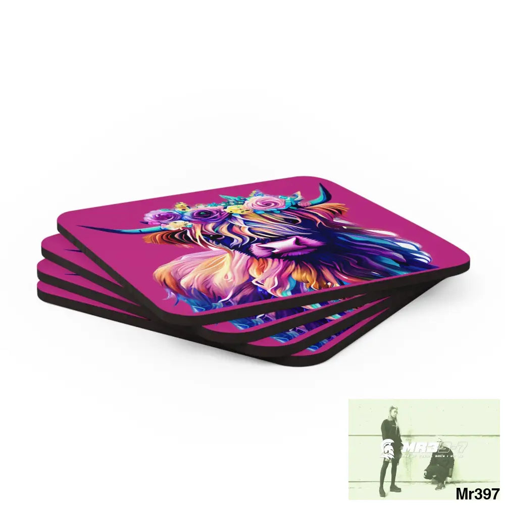 Baby Highland Cow with a Flower crown Corkwood Coaster Set Cork / 3.75’’ × 3.75’’ / Square Home Decor