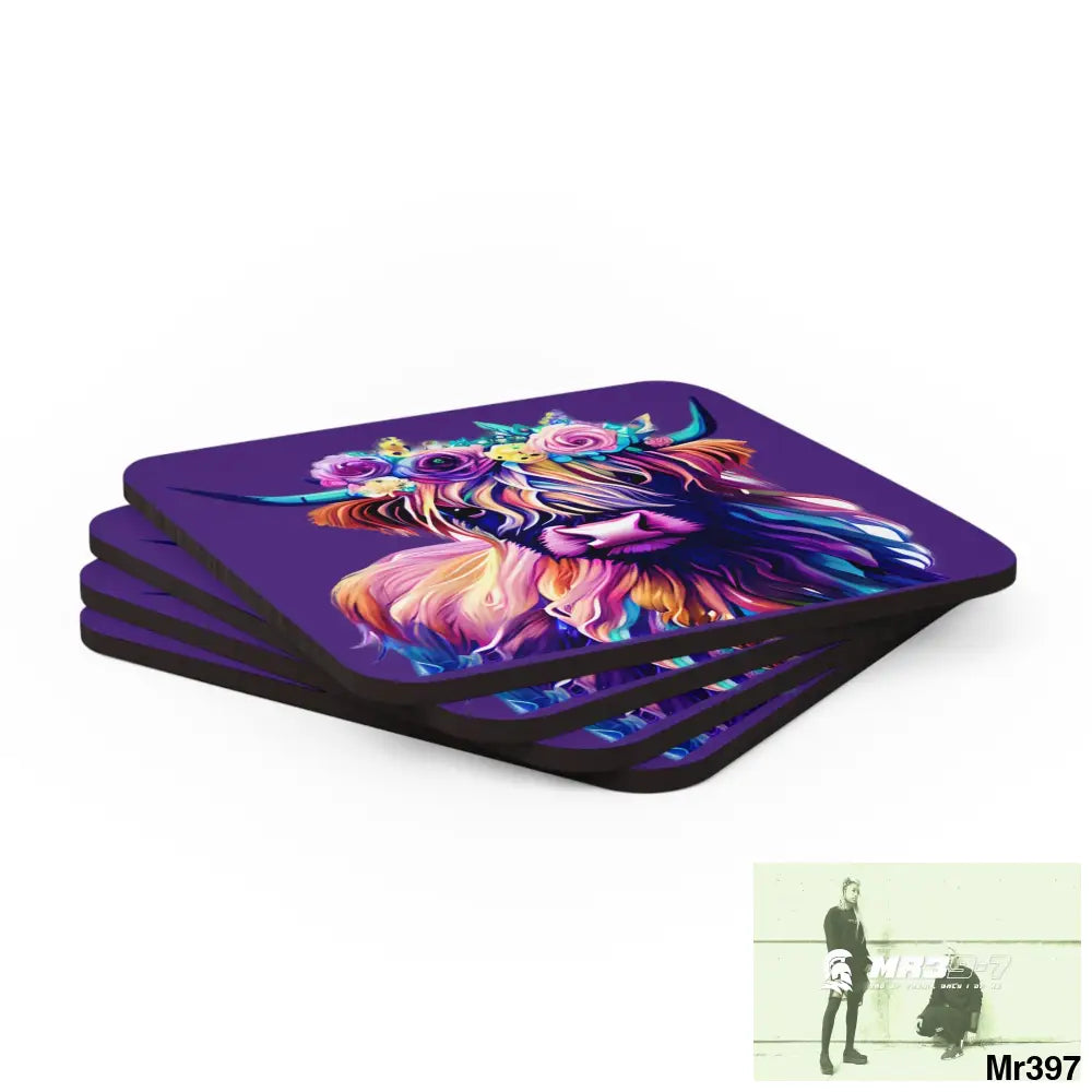 Baby Highland Cow with a Flower crown Corkwood Coaster Set Cork / 3.75’’ × 3.75’’ / Square Home Decor