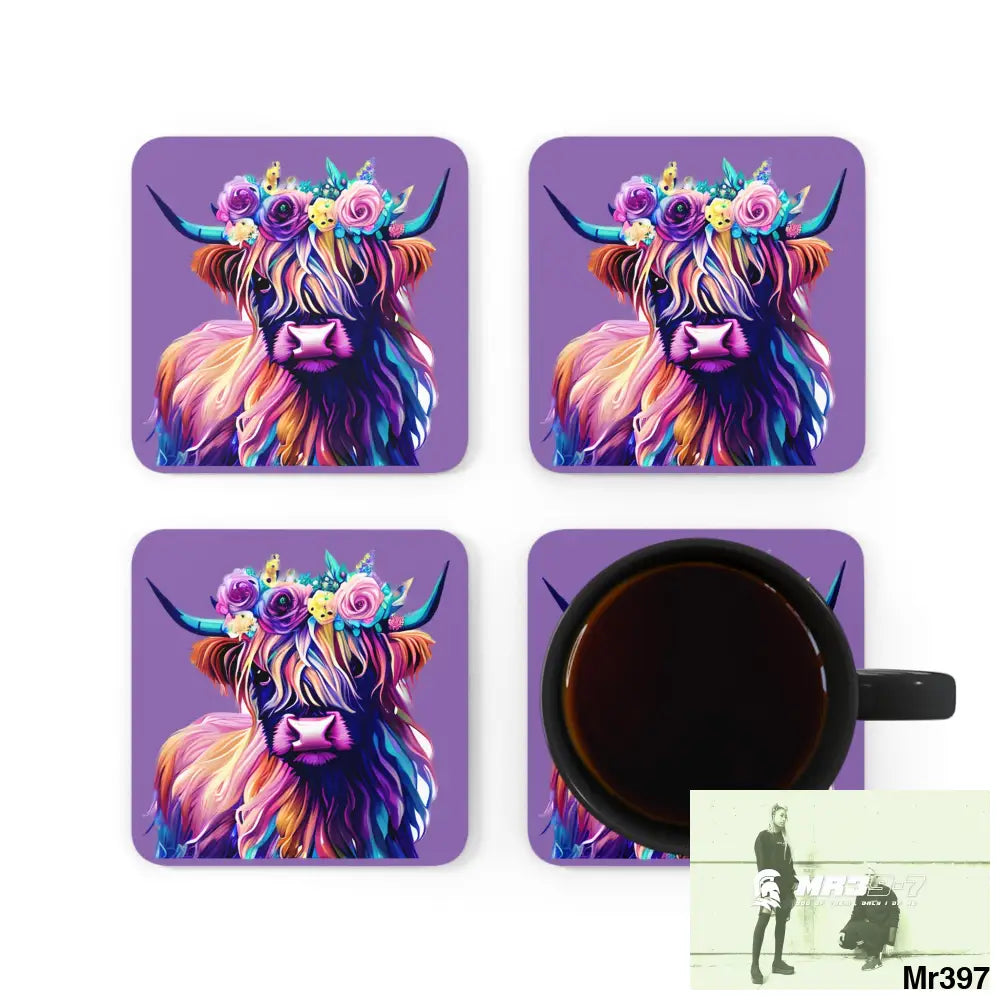 Baby Highland Cow with a Flower crown Corkwood Coaster Set Cork / 3.75’’ × 3.75’’ / Square Home Decor