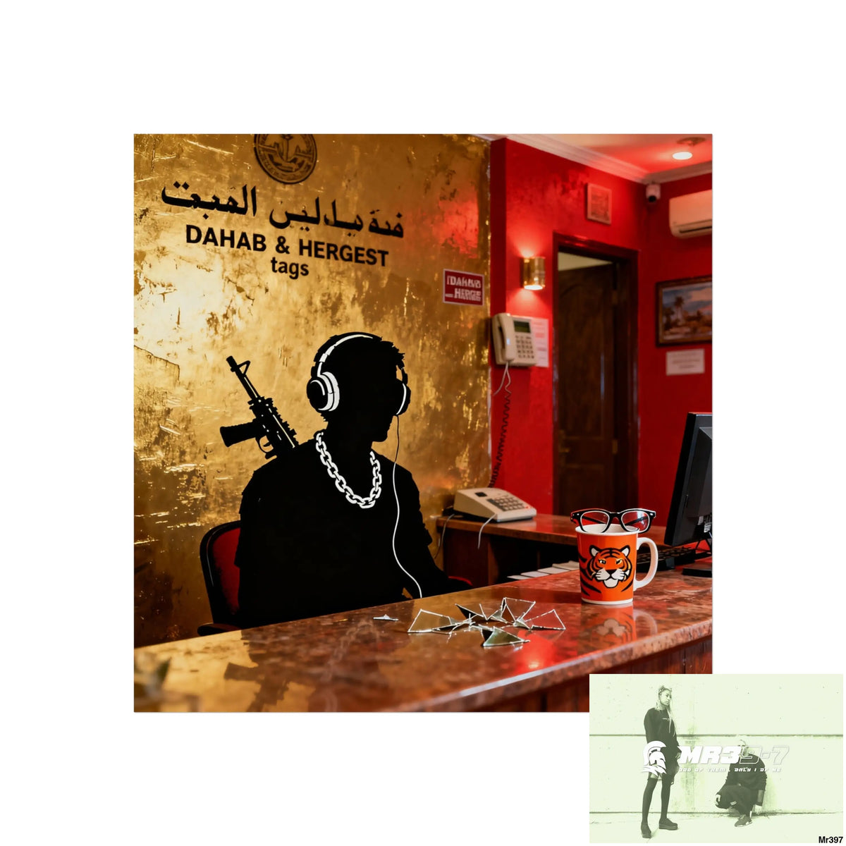 Banksy Style Dahab Gold Reception Desk (RATM / Jungle Moment) No 1 Fine Art Posters 16″ x 16″ / Matte Poster