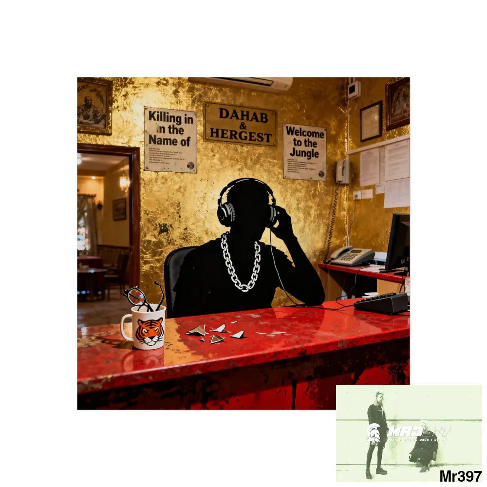 Banksy Style Dahab Gold Reception Desk (RATM / Jungle Moment) No 2 Fine Art Posters 30″ x 30″ / Matte Poster