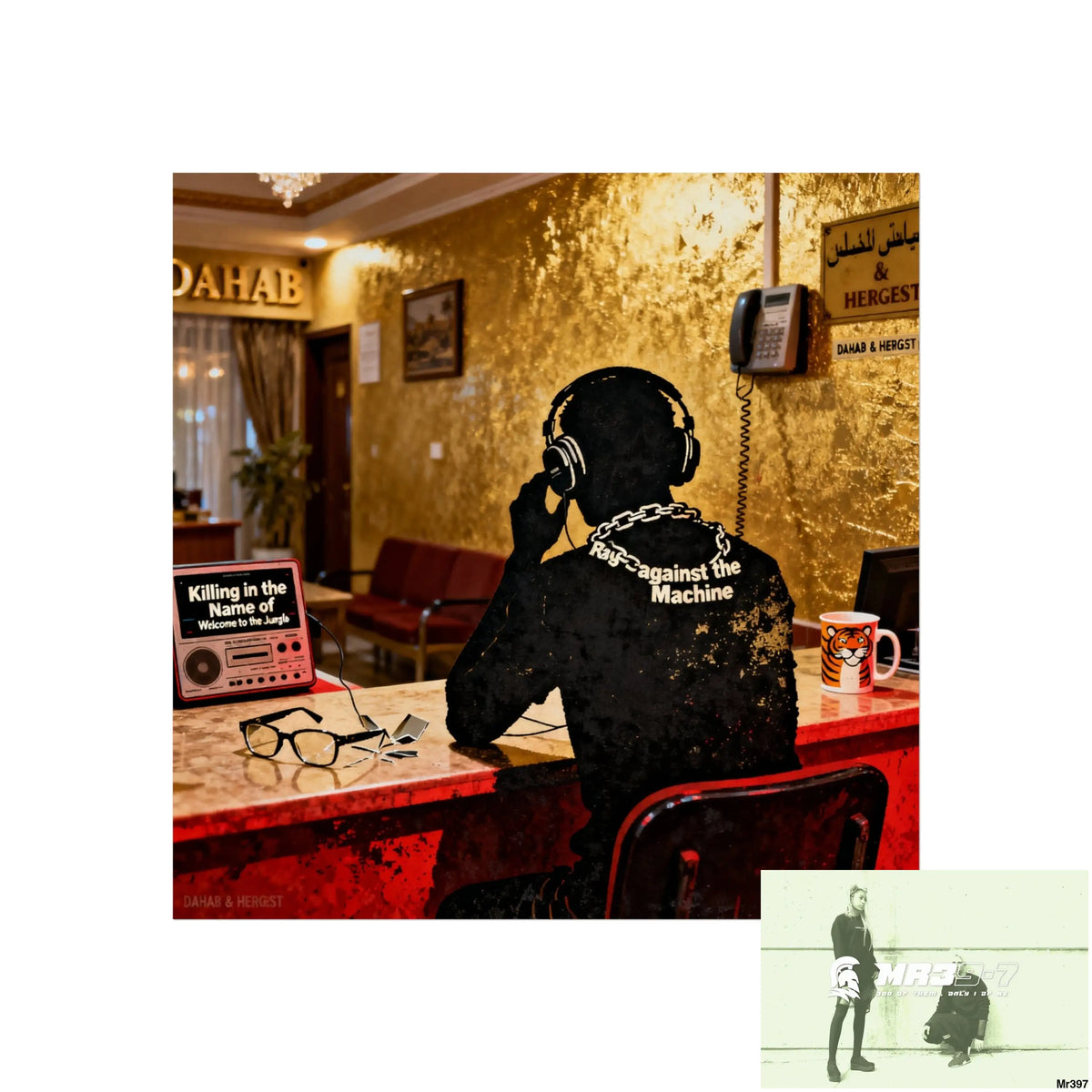 Banksy Style Dahab Gold Reception Desk (RATM / Jungle Moment) No 3 Fine Art Posters 16″ x 16″ / Matte Poster