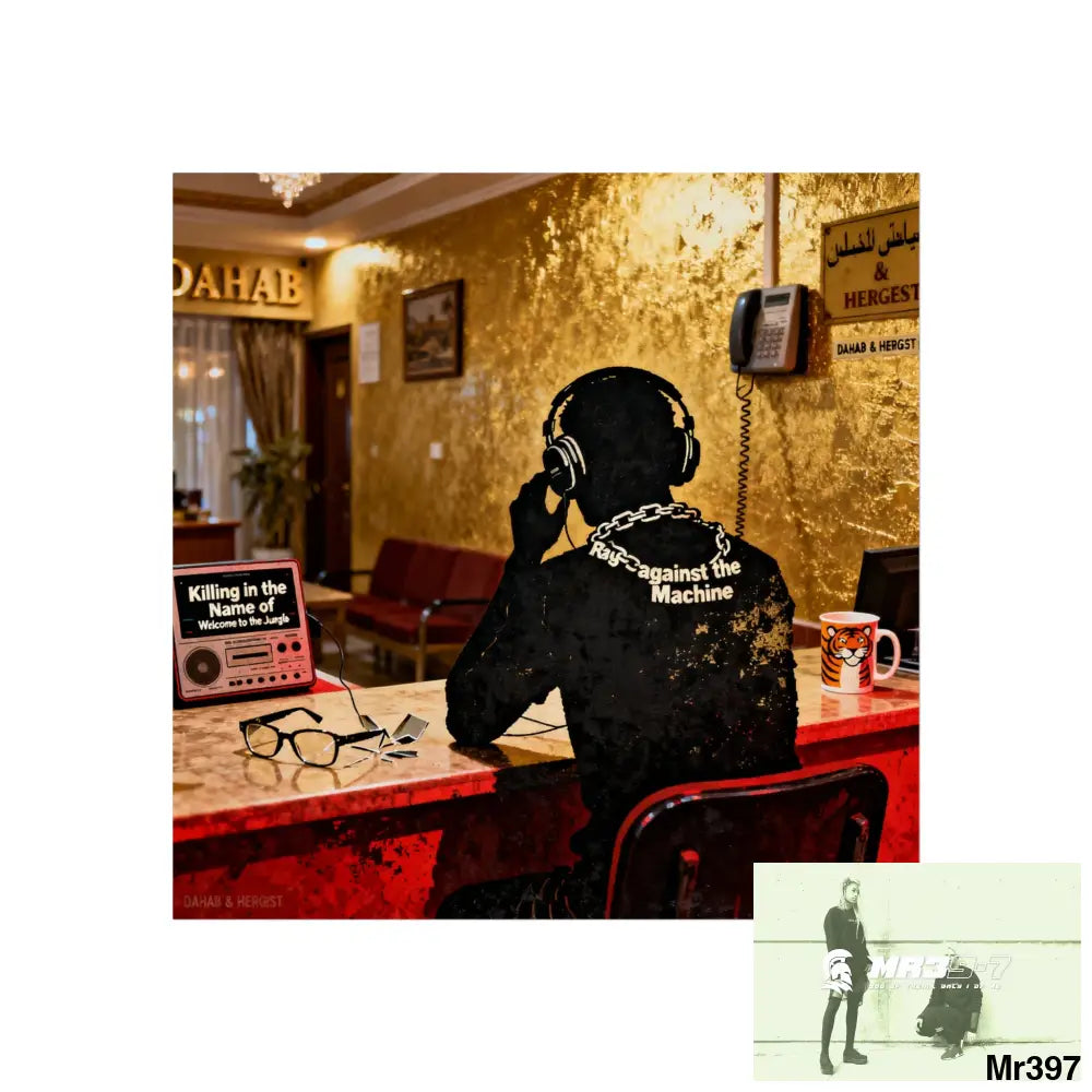 Banksy Style Dahab Gold Reception Desk (RATM / Jungle Moment) No 3 Fine Art Posters 16″ x 16″ / Matte Poster