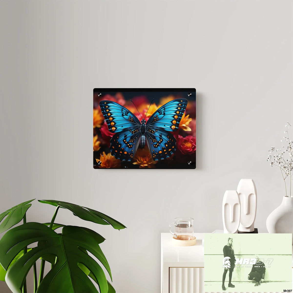 Blue Butterfly on Flower with Black and Orange Spots Acrylic Wall Art Panels Home Decor