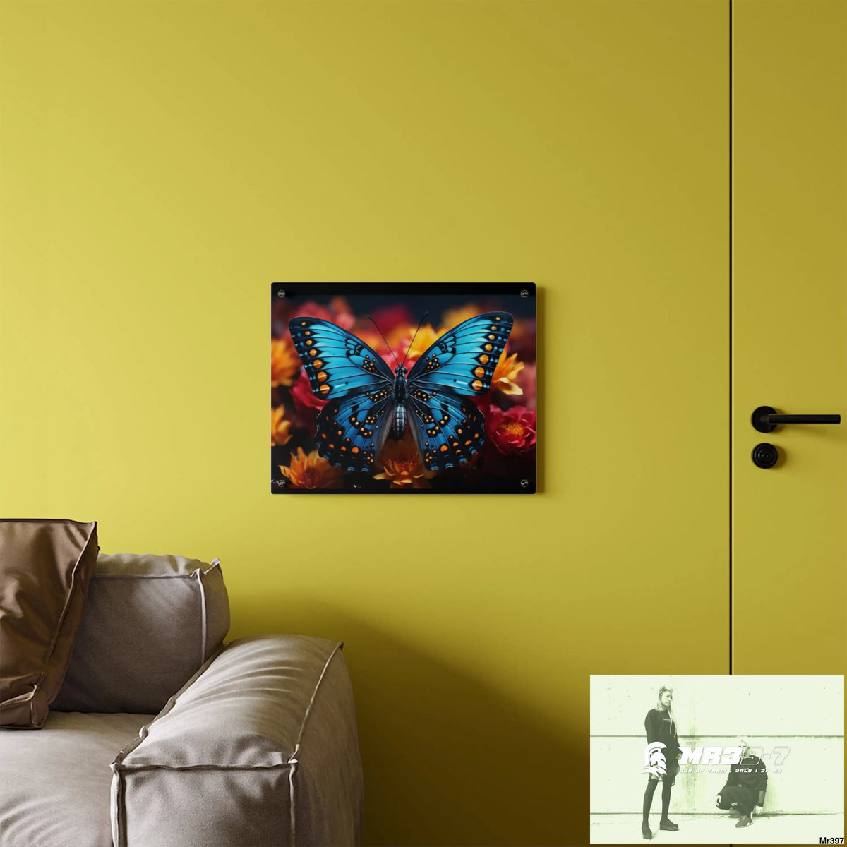 Blue Butterfly on Flower with Black and Orange Spots Acrylic Wall Art Panels Home Decor