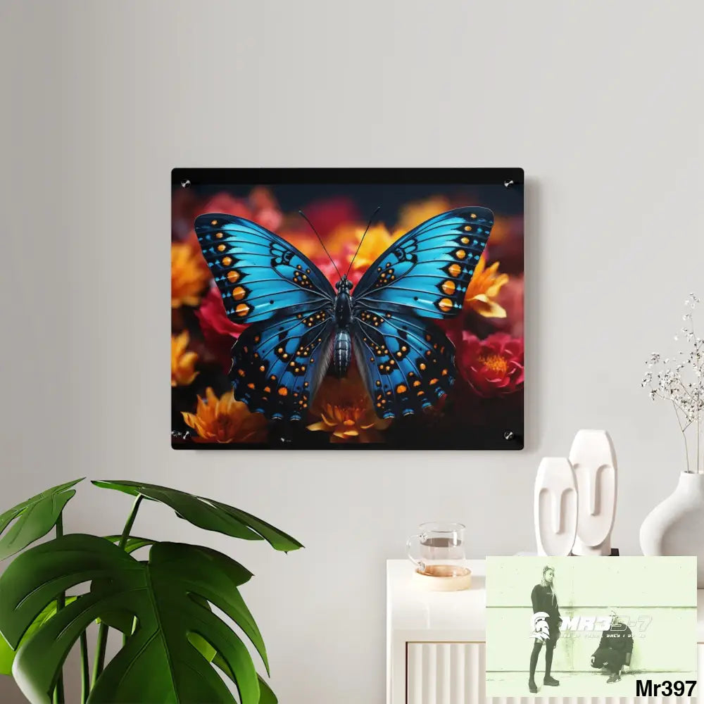 Blue Butterfly on Flower with Black and Orange Spots Acrylic Wall Art Panels Home Decor