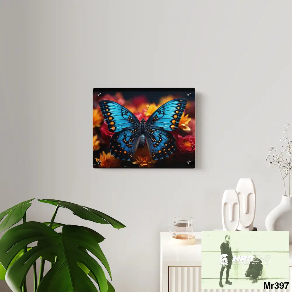 Blue Butterfly on Flower with Black and Orange Spots Acrylic Wall Art Panels Home Decor