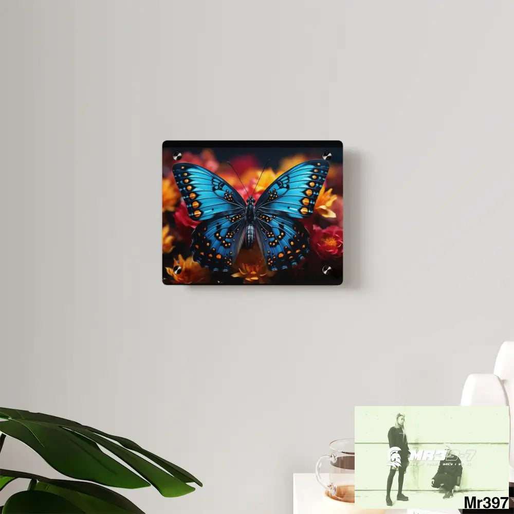 Blue Butterfly on Flower with Black and Orange Spots Acrylic Wall Art Panels Home Decor