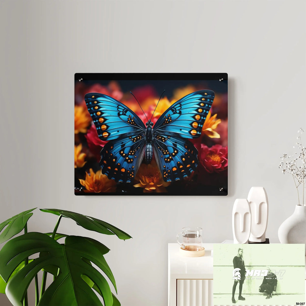Blue Butterfly on Flower with Black and Orange Spots Acrylic Wall Art Panels Home Decor