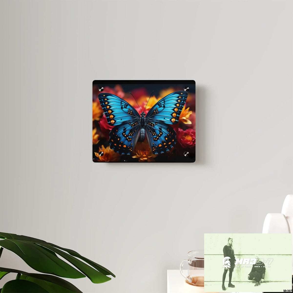 Blue Butterfly on Flower with Black and Orange Spots Acrylic Wall Art Panels Home Decor
