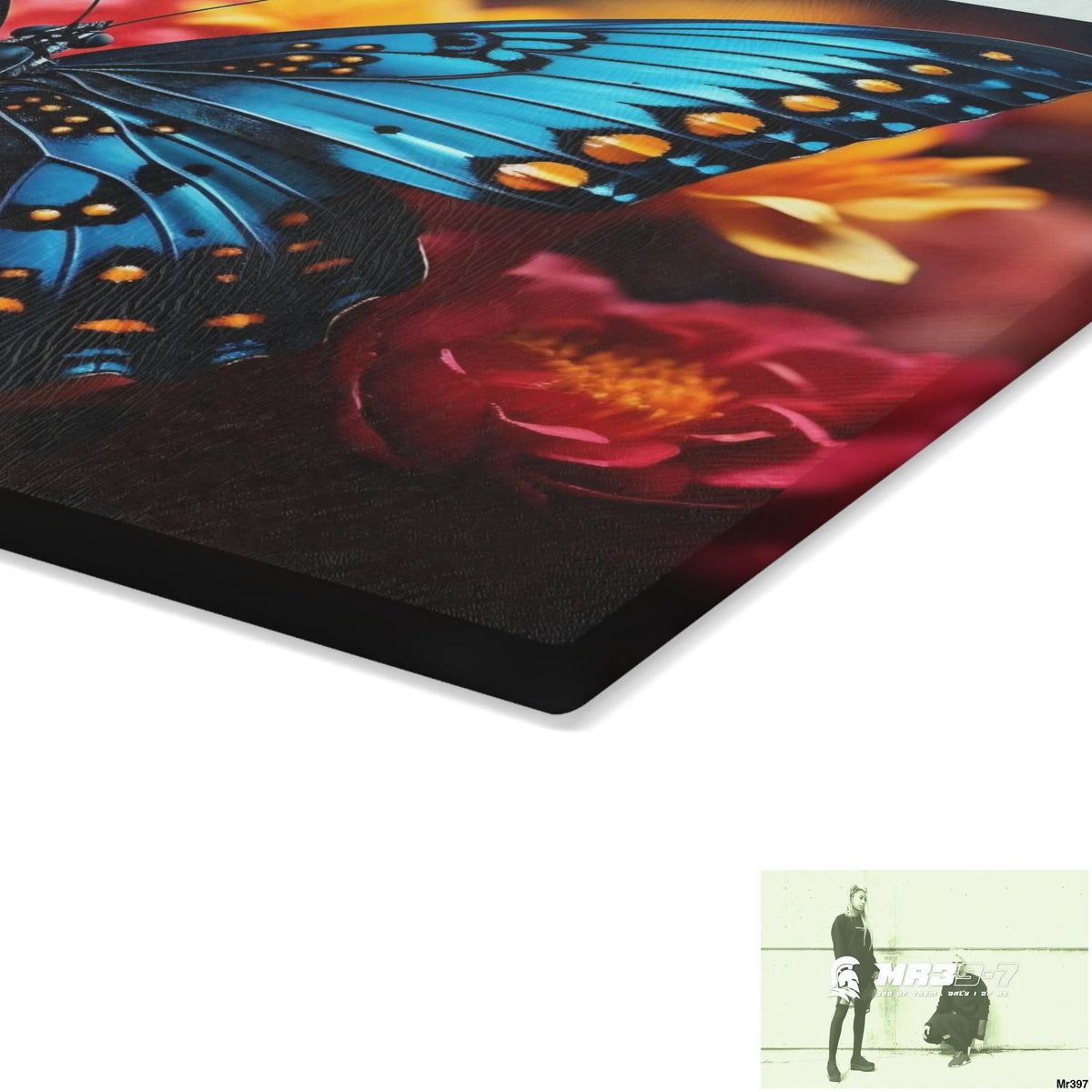 Blue Butterfly on flower with Black and Orange Spots Glass Cutting Board Home Decor