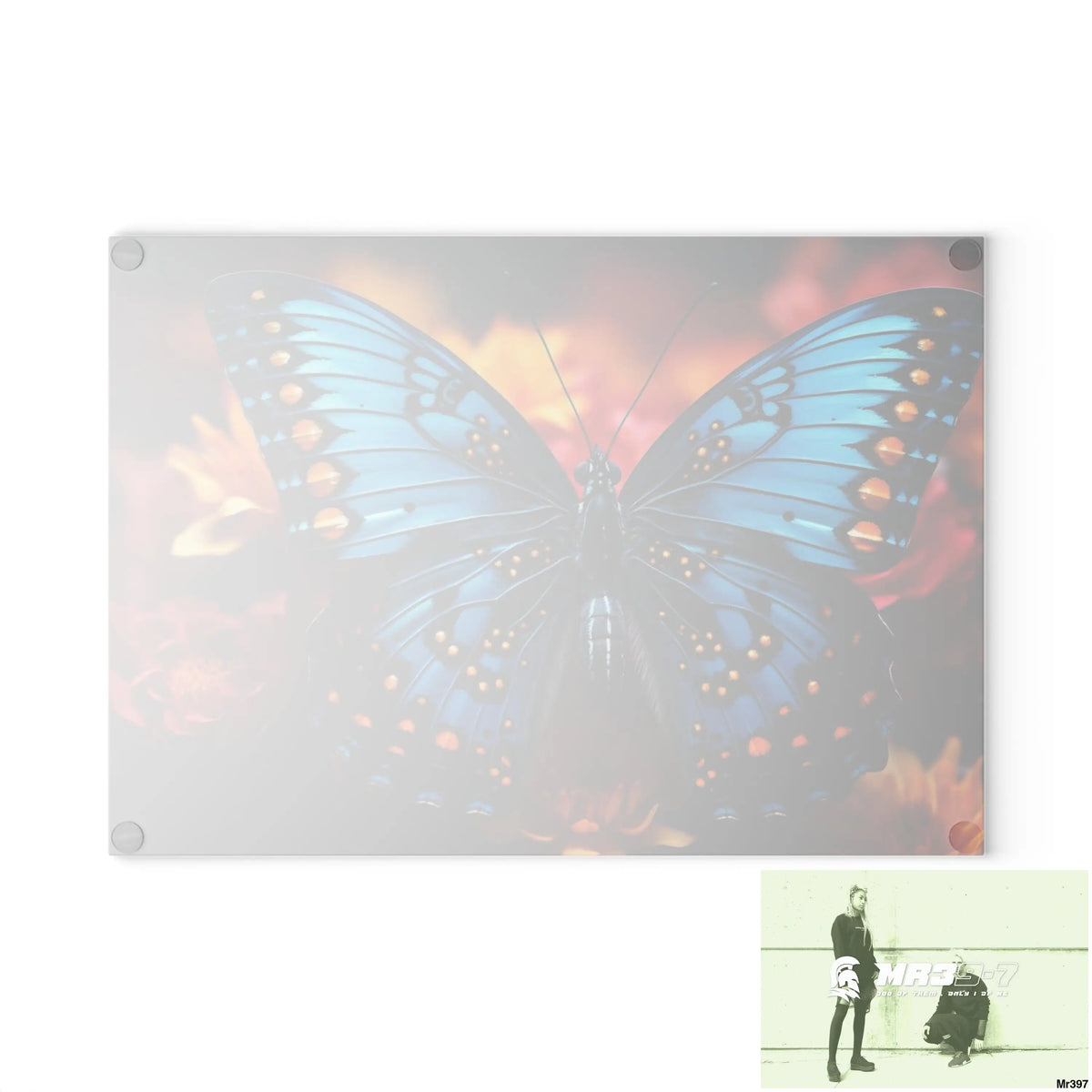 Blue Butterfly on flower with Black and Orange Spots Glass Cutting Board Home Decor