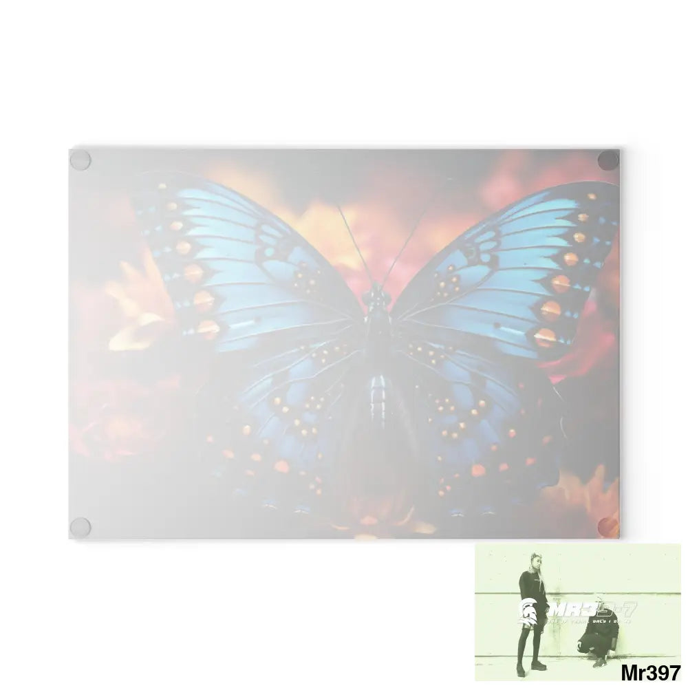 Blue Butterfly on flower with Black and Orange Spots Glass Cutting Board Home Decor