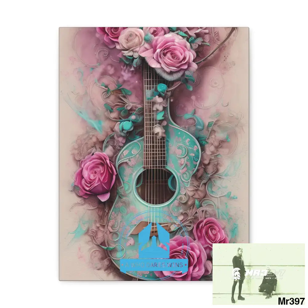 Canvas Gallery Wraps A Who Dares Wins Pink Roses & Guitar 12″ x 16″ / Premium Gallery Wraps (1.25″) Canvas