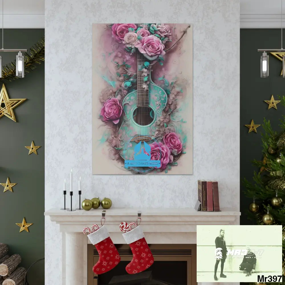 Canvas Gallery Wraps A Who Dares Wins Pink Roses & Guitar Canvas