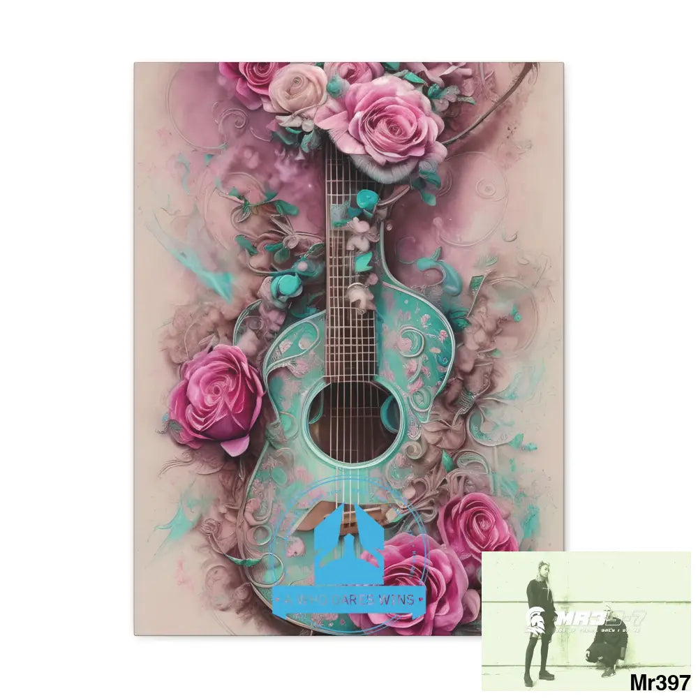 Canvas Gallery Wraps A Who Dares Wins Pink Roses & Guitar 18″ x 24″ / Premium Gallery Wraps (1.25″) Canvas