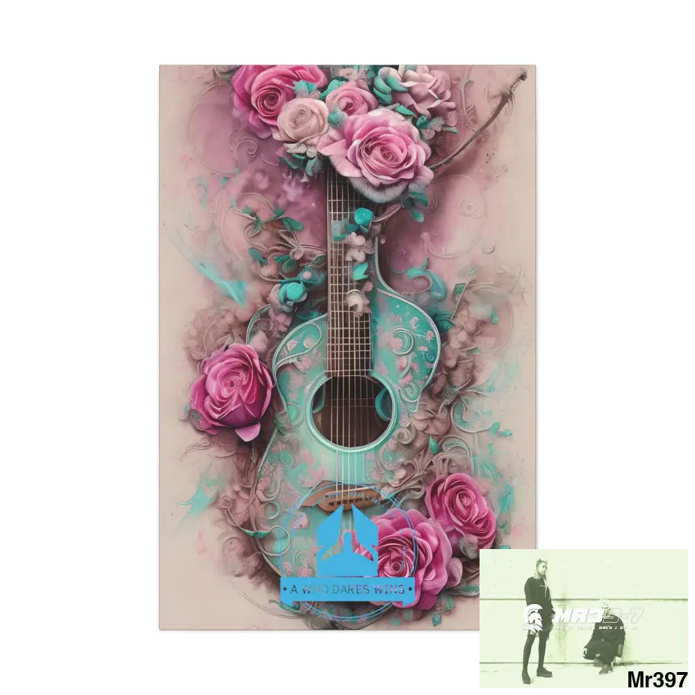 Canvas Gallery Wraps A Who Dares Wins Pink Roses & Guitar 32″ x 48″ / Premium Gallery Wraps (1.25″) Canvas