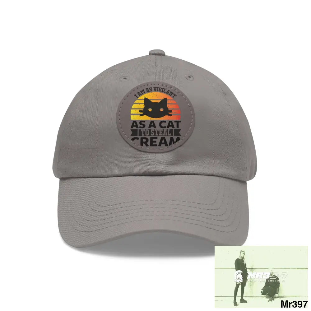 Cat got the cream Dad Hat with Leather Patch (Round) Grey / Grey patch / Circle / One size Hats