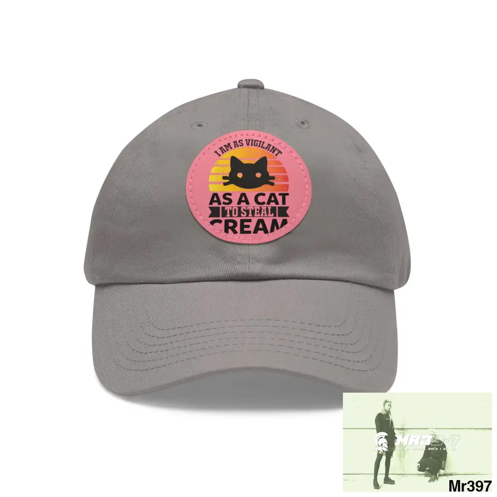Cat got the cream Dad Hat with Leather Patch (Round) Grey / Pink patch / Circle / One size Hats