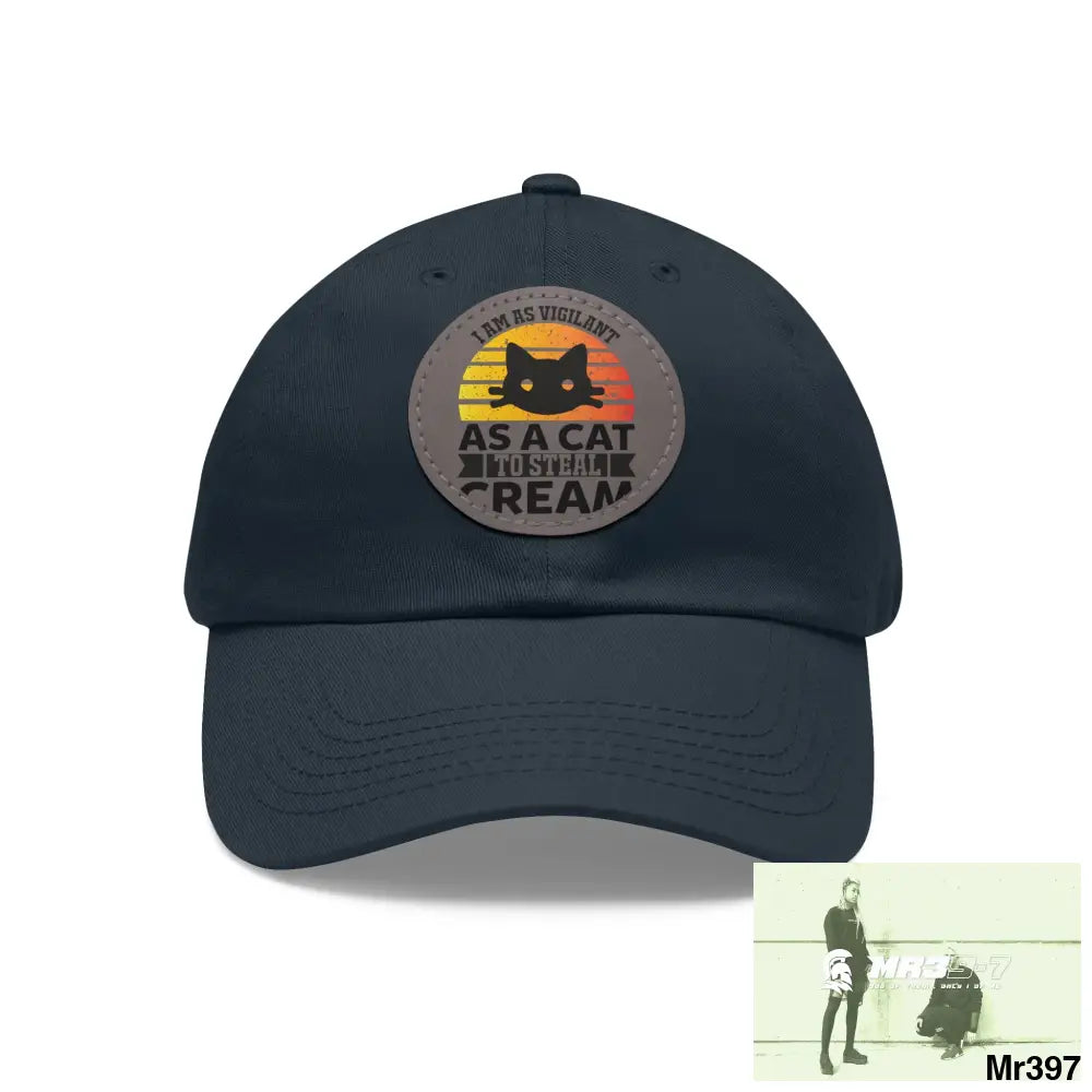 Cat got the cream Dad Hat with Leather Patch (Round) Navy / Grey patch / Circle / One size Hats