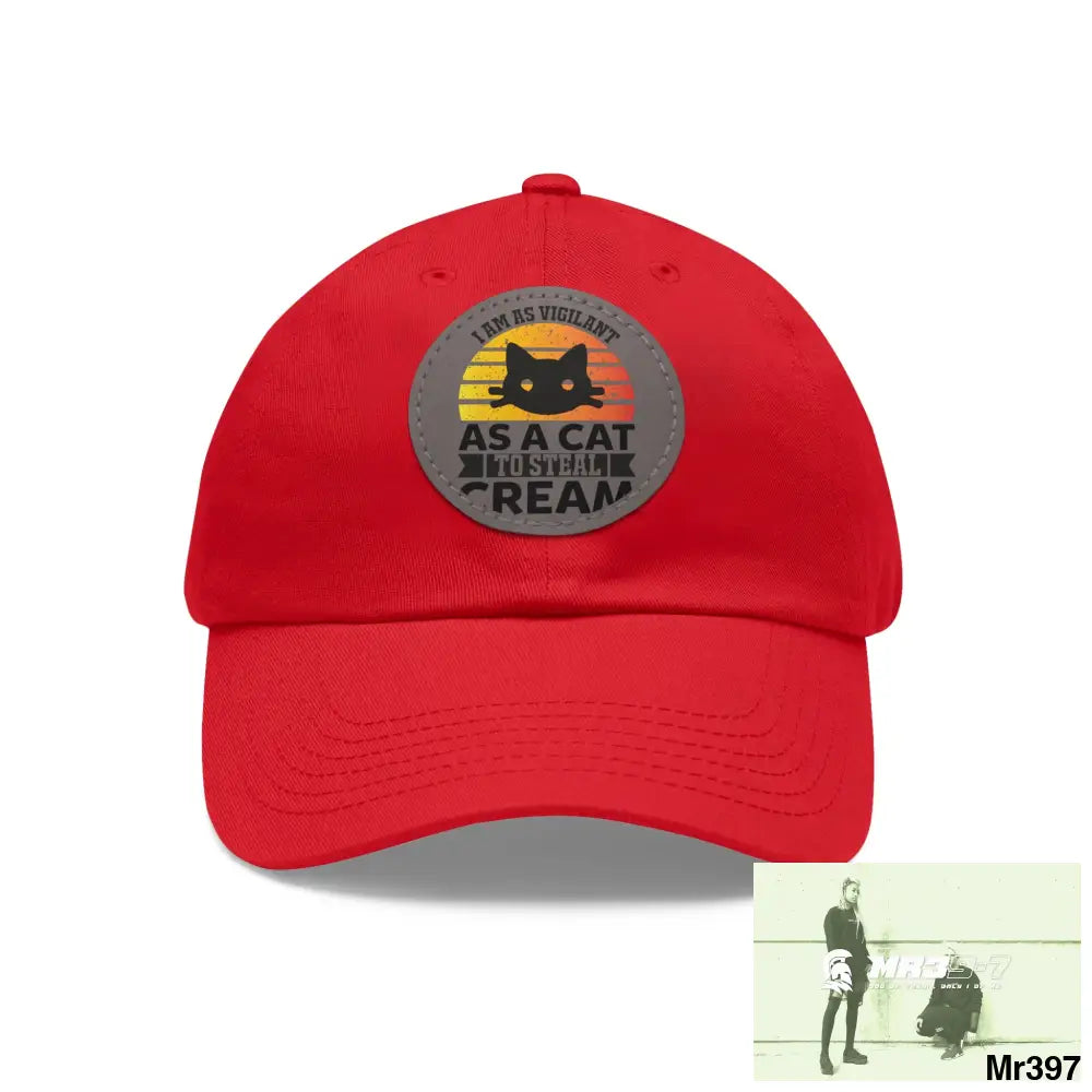 Cat got the cream Dad Hat with Leather Patch (Round) Red / Grey patch / Circle / One size Hats
