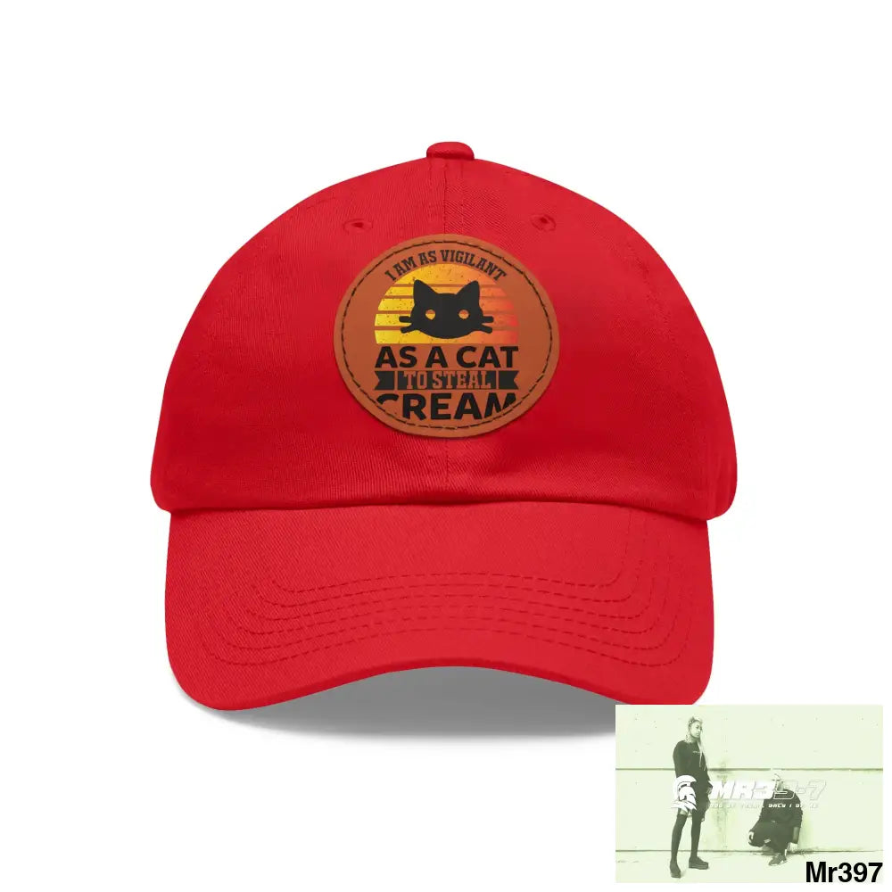 Cat got the cream Dad Hat with Leather Patch (Round) Red / Light Brown patch / Circle / One size Hats