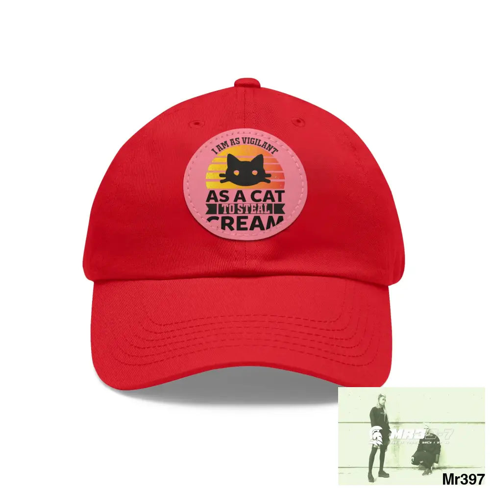 Cat got the cream Dad Hat with Leather Patch (Round) Red / Pink patch / Circle / One size Hats